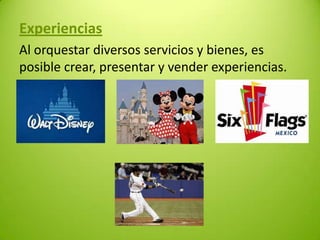 Experiencias
Al orquestar diversos servicios y bienes, es
posible crear, presentar y vender experiencias.

 