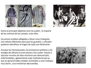 Como el principal objetivos eran los judíos , la mayoría
de las victimas de los campos eran ellos.
Los presos estaban obligados a llevar unos triángulos
con colores diferentes para que los guardias y oficiales
pudieran identificar el origen de cada uno fácilmente.
Aunque los homosexuales, los prisioneros políticos y los
testigos de Jehová no eran presos a los cuales fuesen a
ejecutar muchos de ellos murieron por desnutrición,
enfermedades, agotamiento o por maltrato brutal ya
que en general todos estaban sometidos a unos trabajos
muy duros y los mantenían desnutridos.
 