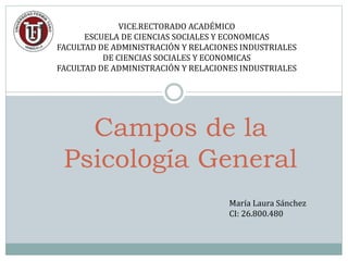 Campos de la
Psicología General
María Laura Sánchez
CI: 26.800.480
VICE.RECTORADO ACADÉMICO
ESCUELA DE CIENCIAS SOCIALES Y ECONOMICAS
FACULTAD DE ADMINISTRACIÓN Y RELACIONES INDUSTRIALES
DE CIENCIAS SOCIALES Y ECONOMICAS
FACULTAD DE ADMINISTRACIÓN Y RELACIONES INDUSTRIALES
 