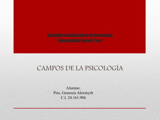 Republica Bolivariana de Venezuela
Universidad Fermín Toro
CAMPOS DE LA PSICOLOGÍA
Alumno:
Pire, Genessis Alexmyrh
C.I. 24.161.986
 