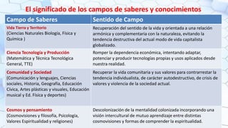 Campo de Saberes Sentido de Campo
Vida Tierra y Territorio
(Ciencias Naturales Biología, Física y
Química )
Recuperación del sentido de la vida y orientada a una relación
armónica y complementaria con la naturaleza, evitando la
tendencia destructiva del actual modo de vida capitalista
globalizado.
Ciencia Tecnología y Producción
(Matemática y Técnica Tecnológica
General, TTE)
Romper la dependencia económica, intentando adaptar,
potenciar y producir tecnologías propias y usos aplicados desde
nuestra realidad.
Comunidad y Sociedad
(Comunicación y lenguajes, Ciencias
sociales, Historia, Geografía, Educación
Cívica, Artes plásticas y visuales, Educación
musical y Ed. Física y deportes)
Recuperar la vida comunitaria y sus valores para contrarrestar la
tendencia individualista, de carácter autodestructivo, de crisis de
valores y violencia de la sociedad actual.
Cosmos y pensamiento
(Cosmovisiones y filosofía, Psicología,
Valores Espiritualidad y religiones)
Descolonización de la mentalidad colonizada incorporando una
visión intercultural de mutuo aprendizaje entre distintas
cosmovisiones y formas de comprender la espiritualidad.
El significado de los campos de saberes y conocimientos
 