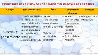 Campos Sentido de campo Áreas Componentes
de áreas
Enfoques
Cosmos y
pensamiento
Transformación de la
mentalidad colonial
a partir de la visión
intercultural y de
mutuo aprendizaje
entre distintas
formas de
comprender la vida
Saberes y
conocimientos
cosmovisiones,
filosofía y psicología
Saberes y
conocimientos
Dialógico intra
intercultural
Cosmovisiones
Filosofía
Psicología
Valores,
espiritualidad y
religiones
Valores
Espiritualidades
Religiones
ESTRUCTURA DE LA VISIÓN DE LOS CAMPOS Y EL ENFOQUE DE LAS ÁREAS
 