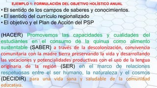 • El sentido de los campos de saberes y conocimientos.
• El sentido del currículo regionalizado
• El objetivo y el Plan de Acción del PSP
(HACER) Promovemos las capacidades y cualidades del
estudiantes en el consumo de la quinua como alimento
sustentable (SABER) a través de la descolonización, convivencia
comunitaria con la madre tierra preservando la vida y desarrollando
las vocaciones y potencialidades productivas con el uso de la lengua
originaria de la región (SER) en el marco de relaciones
respetuosas entre el ser humano, la naturaleza y el cosmos
(DECIDIR) para una vida sana y saludable de la comunidad
educativa.
EJEMPLO 1: FORMULACIÓN DEL OBJETIVO HOLÍSTICO ANUAL
 
