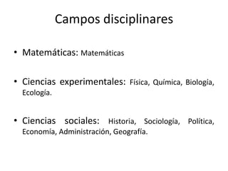 Campos disciplinaresMatemáticas: MatemáticasCiencias experimentales: Física, Química, Biología, Ecología.Ciencias sociales: Historia, Sociología, Política, Economía, Administración, Geografía.