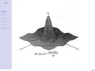 AM2




Fun¸˜es
   co

Dom´
   ınio

Linhas de n´
           ıvel

Topologia

Limites

Continuidade




                  11/1
 