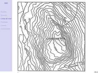 AM2




Fun¸˜es
   co

Dom´
   ınio

Linhas de n´
           ıvel

Topologia

Limites

Continuidade




                  23/1
 