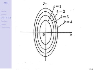 AM2




Fun¸˜es
   co

Dom´
   ınio

Linhas de n´
           ıvel

Topologia

Limites

Continuidade




                  25/1
 