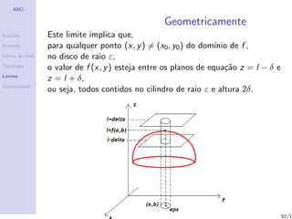 AM2

                                                   Geometricamente
Fun¸˜es
   co             Este limite implica que,
Dom´
   ınio           para qualquer ponto (x, y ) = (x0 , y0 ) do dom´ de f ,
                                                                   ınio
Linhas de n´
           ıvel   no disco de raio ε,
Topologia         o valor de f (x, y ) esteja entre os planos de equa¸˜o z = l − δ e
                                                                      ca
Limites
                  z = l + δ,
Continuidade
                  ou seja, todos contidos no cilindro de raio ε e altura 2δ.




                                                                                       52/1
 