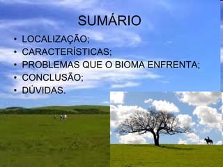 SUMÁRIO  LOCALIZAÇÃO; CARACTERÍSTICAS; PROBLEMAS QUE O BIOMA ENFRENTA; CONCLUSÃO; DÚVIDAS. 