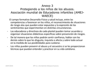 14/05/2010ATP. Lic. Lilia Gabriela Velàzquez Guevara.84Evaluación de relaciones espaciales:Observe.- El niño, ¿sigue las instrucciones que utilizan palabras de posición, ordenamiento y distancia?, ¿puede decir cuando está presente el objeto completo o identificar si falta una parte?, ¿puede describir las partes de un objeto?, por ejemplo, ¿qué partes conforman sus tenis?, ¿puede construir un encierro con bardas para que los animales no se salgan?, ¿utiliza las palabras afuera – adentro o entre?Entrevista.- Pida al niño que le cuente una historia acerca de las actividades en el aula, como la pista de obstáculos o la construcción de modelos.
