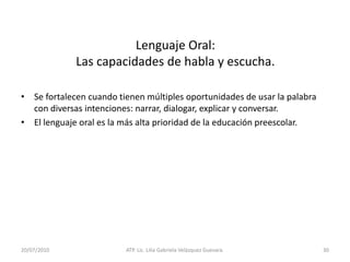 14/05/2010ATP. Lic. Lilia Gabriela Velàzquez Guevara.22Cuando los niños tiene herramientas de la mente pueden aprender por su cuenta porque el aprendizaje se convierte en una actividad autodirigida.Es entonces que el maestro deja de tener la responsabilidad del proceso de aprendizaje y pueden aplicarse en todo currículo desde la lectura, matemáticas, actividades de manipulación y dramatización.La falta de herramientas puede provocar a largo plaza consecuencias en el alumno porque influyen en el pensamiento abstracto que puede alcanzar el niño, por ejemplo en las ciencias o las matemáticas.Las herramientas aprendidas durante la infancia temprana influirán en las herramientas para pensar con madurez en su vida futura.