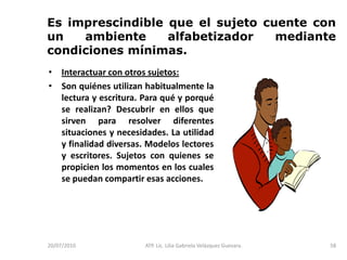 14/05/2010ATP. Lic. Lilia Gabriela Velàzquez Guevara.38EL LENGUAJE LLEGA A SER UN MEDIO DE PENSAMIENTO Y APRENDIZAJE.Existen 7 condiciones bajo las cuales los niños aprenden a hablar … (Brian Cambourne) Modulo 1 PEP. 2004 p. 1391.- Inmersión. El lenguaje fluye alrededor de ellos generalmente intencionado, total.2.- Demostración. Tiene modelos, escucha un flujo de sonidos emitidos por los demás.3.- Expectativa. Padres – Maestros.4.- Responsabilidad. Cuando aprenden a hablar se les deja la responsabilidad del aprendizaje, las convenciones que dominan, verbos, estructuras gramaticales.5.- Aproximación. No se espera que aprendices de la forma oral desplieguen de lleno una competencia adulta desde el principio. Actualmente los padres recompensan a sus hijos no solo por estar en lo correcto sino también por acercarse a ello.6.- Uso. Se les provee de muchas oportunidades para usar esta forma de lenguaje. No se restringe el tiempo para hablar.7.- Retroalimentación. Los adultos y pares retroalimentan el lenguaje.