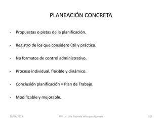 26/04/2013 ATP. Lic. Lilia Gabriela Velazquez Guevara 165
PLANEACIÓN CONCRETA
- Propuestas o pistas de la planificación.
- Registro de los que considero útil y práctico.
- No formatos de control administrativo.
- Proceso individual, flexible y dinámico.
- Conclusión planificación = Plan de Trabajo.
- Modificable y mejorable.
 