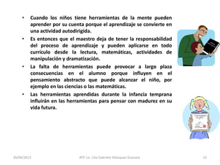 26/04/2013 ATP. Lic. Lilia Gabriela Velàzquez Guevara. 22
• Cuando los niños tiene herramientas de la mente pueden
aprender por su cuenta porque el aprendizaje se convierte en
una actividad autodirigida.
• Es entonces que el maestro deja de tener la responsabilidad
del proceso de aprendizaje y pueden aplicarse en todo
currículo desde la lectura, matemáticas, actividades de
manipulación y dramatización.
• La falta de herramientas puede provocar a largo plaza
consecuencias en el alumno porque influyen en el
pensamiento abstracto que puede alcanzar el niño, por
ejemplo en las ciencias o las matemáticas.
• Las herramientas aprendidas durante la infancia temprana
influirán en las herramientas para pensar con madurez en su
vida futura.
 