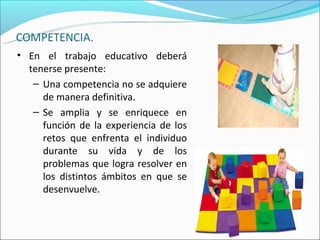 • En el trabajo educativo deberá
  tenerse presente:
   – Una competencia no se adquiere
     de manera definitiva.
   – Se amplia y se enriquece en
     función de la experiencia de los
     retos que enfrenta el individuo
     durante su vida y de los
     problemas que logra resolver en
     los distintos ámbitos en que se
     desenvuelve.
 