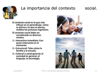 El auto conocimiento es importante para descubrir la propia identidad y construir una personalidad sana y equilibrada, además le permite un autodominio que posibilita el camino a la autonomía.21/02/2010ATP. Lic. Lilia Gabriela Velàzquez Guevara.6Relaciones Interpersonales.Procesos que influyen en éste aspecto:-   Las emociones, la conducta y el aprendizaje son procesos individuales pero se ven influidos por los contextos sociales.Deben  aprender diferentes formas de relacionarse.