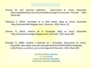 Torrealba, B. (2009). Historia y Evolución de l Tecnología. [Documento en Línea].
Disponible: http://bqto.unesr.edu.ve/pregrado/Gestion%20de%20Tecnologia/gtr_
unid1/historia_y_evolucin_de_la_tecnologa.html [Consulta: 2015, Marzo 09].
Grisiola, M. (s/f). Recursos Didácticos. [Documento en Línea]. Disponible:
http://webdelprofesor.ula.ve/humanidades/marygri/recursos.php Consulta: 2015,
Marzo 09].
Sánchez, N. (2012). Avances de la Tecnología. [Blog en Línea]. Disponible:
http://avanceentecnologia.blogspot.com/. [Consulta: 2015, Marzo 09].
Patequiva, F. (2013). Tecnología de la Edad Media. [Blog en Línea]. Disponible:
http://tecmedia1004.blogspot.com/. [Consulta: 2015, Marzo 12].
 