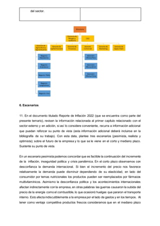 del sector.
6. Escenarios
11. En el documento titulado Reporte de Inflación 2022 (que se encuentra como parte del
presente temario), revisen la información relacionada al primer capítulo relacionado con el
sector externo y en adición, si así lo considere conveniente, recurra a información adicional
que puedan reforzar su punto de vista (esta información adicional deberá incluirse en la
bibliografía de su trabajo). Con esta data, plantee tres escenarios (pesimista, realista y
optimista); sobre el futuro de la empresa y lo que se le viene en el corto y mediano plazo.
Sustente su punto de vista.
En un escenario pesimista podemos concordar que es factible la continuación del incremento
de la inflación, inseguridad política y crisis pandémica. En el corto plazo observamos con
desconfianza la demanda internacional. Si bien el incremento del precio nos favorece
relativamente la demanda puede disminuir dependiendo de su elasticidad, en lado del
consumidor por temas nutricionales los productos pueden ser reemplazados por fármacos
multivitamínicos. Asimismo la desconfianza política y los acontecimientos internacionales
afectan indirectamente con la empresa, en otras palabras las guerras causaron la subida del
precio de la energía como el combustible, lo que ocasionó huelgas que pararon el transporte
interno. Esto afecta indiscutiblemente a la empresa por el lado de gastos y en los tiempos. Al
tener como ventaja competitiva productos frescos consideramos que en el mediano plazo
 