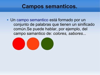 Campos semanticos.
 Un campo semantico está formado por un
conjunto de palabras que tienen un sinificado
común.Se puede h...
