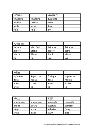 MÓVEIS                         NÚMEROS
geladeira    geladeira         duzentos
beliche      cadeira           vinte
fogão        mesa              doze
sofá         sofá              um




PLANETAS
Saturno      Mercúrio          Saturno                Saturno
Júpiter      Urano             Júpiter                Terra
Marte        Vênus             Plutão                 Vênus
Sol          Sol               Lua                    Lua




PAÍSES
Inglaterra   Argentina         Portugal               Inglaterra
Itália       Iraque            Itália                 México
Brasil       Chile             Brasil                 Rússia
Chile        Irã               Irã                    Irã



PRAIA                          PIZZA
bronzeador   bronzeador        mozarela               mozarela
toalha       lanche            escarola               palmito
sunga        onda              palmito                frango
areia        maiô              atum                   alho



                          Atividadesdealfabetizaçãoluzdivina.blogspot.com.br
 