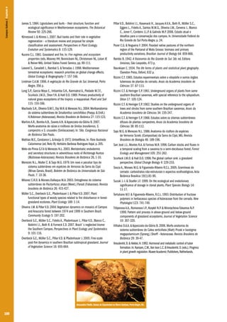 Campos Sulinos | Capítulo 6

James S. 1984. Lignotubers and burls – their structure, function and
ecological significance in Mediterranean ecosystems. The Botanical
Review 50: 225-266.
Klimesová J. & Klimes L. 2007. Bud banks and their role in vegetative
regeneration – a literature review and proposal for simple
classification and assessment. Perspectives in Plant Ecology,
Evolution and Systematics 8: 115-129.
Kucera C.L. 1981. Grassland and fire. In: Fire regimes and ecosystem
properties (eds. Mooney HH, Bonnicksen NL, Christensen NL, Lotan JE
& Reiner WA). United States Forest Service, pp. 90-111.
Lavorel S., Canadell J., Rambal S. & Terradas J. 1998. Mediterranean
terrestrial ecosystems: research priorities on global change effects.
Global Ecology & Biogeography 7: 157-166.
Lindman C.A.M. 1906. A vegetação do Rio Grande do Sul. Universal, Porto
Alegre, 356 p.
Long S.P., Garcia Moya E., Imbamba S.K., Kamnalrut A., Piedade M.T.F.,
Scurlock J.M.O., Shen Y.K. & Hall D.O. 1989. Primary productivity of
natural grass ecosystems of the tropics: a reappraisal. Plant and Soil
115: 155-166.
Machado S.R., Oliveira D.M.T., Dip M.R. & Menezes N.L. 2004. Morfoanatomia
do sistema subterrâneo de Smallanthus sonchifolius (Poepp. & Endl.)
H.Robinson (Asteraceae). Revista Brasileira de Botânica 27: 115-123.
Martins A.R., Bombo A.B., Soares A.N. & Appezzato-da-Glória B. 2007.
Morfo-anatomia de raízes e rizóforos de Smilax brasiliensis, S.
campestris e S. cissoides (Smilacaceae). In: 58o. Congresso Nacional
de Botânica São Paulo.
Mathias M.E., Constance L. & Araújo D. 1972. Umbelíferas. In: Flora Ilustrada
Catarinense (ed. Reitz R). Herbário Barbosa Rodrigues Itajaí, p. 205.
Melo-de-Pinna G.F.A & Menezes N.L. 2003. Meristematic endodermis
and secretory structures in adventitious roots of Richterago Kuntze
(Mutisieae-Asteraceae). Revista Brasileira de Botânica 26, 1-10.
Menezes N.L., Muller C. & Sajo M.G. 1979. Um novo e peculiar tipo de
sistema subterrâneo em espécies de Vernonia da Serra do Cipó
(Minas Gerais, Brasil). Boletim de Botânica da Universidade de São
Paulo, 7: 33-38.
Milanez C.R.D. & Moraes-Dallaqua M.A. 2003. Ontogênese do sistema
subterrâneo de Pachyrhizus ahipa (Weed.) Parodi (Fabaceae). Revista
brasileira de Botânica 26: 415-427.
Müller S.C., Overbeck G.E., Pfadenhauer J. & Pillar V.D. 2007. Plant
functional types of woody species related to fire disturbance in forestgrassland ecotones. Plant Ecology 189: 1-14.
Oliveira J.M. & Pillar V.D. 2004. Vegetation dynamics on mosaics of Campos
and Araucaria forest between 1974 and 1999 in Southern Brazil.
Community Ecology 5: 197-202.
Overbeck G.E., Müller S.C., Fidelis A., Pfadenhauer J., Pillar V.D., Blanco C.,
Boldrini I.I., Both R. & Forneck E.D. 2007. Brazil´s neglected biome:
the Southern Campos. Perspectives in Plant Ecology and Systematics
9: 101-116.
Overbeck G.E., Müller S.C., Pillar V.D. & Pfadenhauer J. 2005. Fine-scale
post-fire dynamics in southern Brazilian subtropical grassland. Journal
of Vegetation Science 16: 655-664.

Pillar V.D., Boldrini I.I., Hasenack H., Jacques A.V.A., Both R., Müller S.C.,
Eggers L., Fidelis A., Santos M.M.G., Oliveira J.M., Cerveira J., Blanco
C., Joner F., Cordeiro J.L.P. & Galindo M.P. 2006. Estado atual e
desafios para a conservação dos campos. In. Universidade Federal do
Rio Grande do Sul Porto Alegre, p. 24.
Pozer C.G. & Nogueira F. 2004. Flooded native pastures of the northern
region of the Pantanal of Mato Grosso: biomass and primary
productivity variations. Brazilian Journal of Biology 64: 859-866.
Rambo B. 1942. A fisionomia do Rio Grande do Sul. 3dr. ed. Editora
Unisinos, São Leopoldo, 473 p.
Raunkiaer C. 1934. The life forms of plants and statistical plant geography.
Claredon Press, Oxford, 632 p.
Rizzini C.T. 1965. Estudos experimentais sobre o xilopódio e outros órgãos
tuberosos de plantas do cerrado. Anais da Academia brasileira de
Ciências 37: 87-113.
Rizzini C.T. & Heringer E.P. 1961. Underground organs of plants from some
southern Brazilian savannas, with special reference to the xylopodium.
Oiton 17: 105-124.
Rizzini C.T. & Heringer E.P. 1962. Studies on the underground organs of
trees and shrubs from some southern Brazilian savannas. Anais da
Academia brasileira de Ciências 34: 235-247.
Rizzini C.T. & Heringer E.P. 1966. Estudos sobre os sitemas subterrâneos
difusos de plantas campestres. Anais da Academia brasileira de
Ciências 38: 85-112.
Sajo M.G. & Menezes N.L. 1986. Anatomia do rizóforo de espécies
de Vernonia Screb. (Compositae) da Serra do Cipó, MG. Revista
Brasileira de Biologia 46: 189-196.
San José J.J., Montes R.A. & Farinas M.R. 1998. Carbon stocks and fluxes in
a temporal scaling from a savanna to a semi-deciduous forest. Forest
Ecology and Management 105: 251-262.
Scurlock J.M.O. & Hall D.O. 1998. The global carbon sink: a grassland
perspective. Global Change Biology 4: 229-233.
Souza A., Moraes M.G. & Figueiredo-Ribeiro R.C.L. 2005. Gramíneas do
cerrado: carboidratos não-estruturais e aspectos ecofisiológicos. Acta
Botânica Brasilica 19(1):81-90.
Suzuki J.-I. & Stuefer J.F. 1999. On the ecological and evolutionary
significance of storage in clonal plants. Plant Species Biology 14:
11-17.
Tertuliano M.F. & Figueiredo-Ribeiro, R.C.L. 1993. Distribution of fructose
polymers in herbaceous species of Asteraceae from the cerrado. New
Phytologist 123: 741-749.
Titlyanova A.A., Romanova I.P., Kosykh N.P. & Mironycheva-Tokareva N.P.
1999. Pattern and process in above-ground and below-ground
components of grassland ecosystems. Journal of Vegetation Science
10: 307-320.
Vilhalva D.A.A. & Appezzato-da-Glória B. 2006. Morfo-anatomia do
sistema subterrâneo de Calea verticillata (Klatt) Pruski e Isostigma
megapotamicum (Spreng.) Sherff – Asteraceae. Revista Brasileira de
Botânica 29: 39-47.
Vreudenhil, D. & Helder, H. 1992. Hormonal and metabolic control of tuber
formation. In: Karssen, C.M., Van loon L.C. & Vreudenhil, D. (eds.). Progress
in plant growth regulation. Kluwer Academic Publishers, Netherlands.

Alessandra Fidelis. Gemas de Eupatorium no Morro Santana, Porto Alegre, RS.

100

 