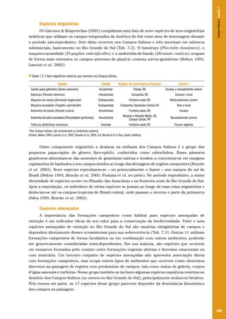 Di Giácomo & Krapovickas (2005) compilaram uma lista de nove espécies de aves migratórias
neárticas que utilizam os campos temperados da América do Sul como área de invernagem durante
o período não-reprodutivo. Sete delas ocorrem nos Campos Sulinos e três invernam em números
substanciais, basicamente no Rio Grande do Sul (Tab. 7.2). O batuiruçu (Pluvialis dominica), o
maçarico-acanelado (Tryngites subruficollis) e a andorinha-de-bando (Hirundo rustica) ocupam
de forma mais extensiva os campos arenosos da planície costeira sul-rio-grandense (Belton 1994,
Lanctot et al. 2002).

Campos Sulinos | Capítulo 7

Espécies migratórias

Tabela 7.2 | Aves migratórias neárticas que invernam nos Campos Sulinos.
Espécie
Gavião-papa-gafanhoto (Buteo swainsoni)
Batuiruçu (Pluvialis dominica)
Maçarico-do-campo (Bartramia longicauda)
Maçarico-acanelado (Tryngites subruficollis)
Andorinha-de-bando (Hirundo rustica)

Família
Accipitridae
Charadriidae
Scolopacidae
Scolopacidae
Hirundinidae

Andorinha-de-sobre-acanelado (Petrochelydon pyrrhonota)

Hirundinidae

Triste-pia (Dolichonyx oryzivorus)

Icteridae

Região de ocorrência principal
Pampa, RS
Campanha, RS
Fronteira oeste, RS
Campanha, Depressão Central, RS
Fronteira oeste, RS
Missões e Planalto Médio, RS
Campos Gerais, PR
Fronteira oeste, RS

Status*
Escasso a razoavelmente comum
Escasso e local
Moderadamente comum
Raro e local
Escasso
Razoavelmente comum
Poucos registros

*Nos Campos Sulinos, não considerando os ambientes costeiros
(Fontes: Belton 1994, Lanctot et al. 2002, Straube et al. 2005, G.A. Bencke & R. A. Dias, dados inéditos).

Outro componente migratório a destacar na avifauna dos Campos Sulinos é o grupo dos
pequenos papa-capins do gênero Sporophila, conhecidos como caboclinhos. Esses pássaros
granívoros alimentam-se das sementes de gramíneas nativas e tendem a concentrar-se em margens
capinzentas de banhados e nos campos úmidos ao longo das drenagens de regiões campestres (Bencke
et al. 2003). Nove espécies reproduzem-se – ou potencialmente o fazem – nos campos do sul do
Brasil (Belton 1994, Bencke et al. 2003, Fontana et al. no prelo). No período reprodutivo, a maior
diversidade de espécies ocorre no Planalto das Araucárias e na fronteira oeste do Rio Grande do Sul.
Após a reprodução, os indivíduos de várias espécies se juntam ao longo de suas rotas migratórias e
deslocam-se até os campos tropicais do Brasil central, onde passam o inverno e parte da primavera
(Silva 1999, Bencke et al. 2003).

Espécies ameaçadas
A importância das formações campestres como hábitat para espécies ameaçadas de
extinção é um indicador eficaz do seu valor para a conservação da biodiversidade. Vinte e uma
espécies ameaçadas de extinção no Rio Grande do Sul são usuárias obrigatórias de campos e
dependem diretamente desses ecossistemas para sua sobrevivência (Tab. 7.3). Outras 11 utilizam
formações campestres de forma facultativa ou em combinação com outros ambientes, podendo
ser genericamente consideradas semi-dependentes. Em sua maioria, são espécies que ocorrem
em mosaicos formados pelo contato entre formações vegetais abertas e florestas estacionais ou
com araucária. Um terceiro conjunto de espécies ameaçadas não apresenta associação direta
com formações campestres, mas ocupa outros tipos de ambientes que ocorrem como elementos
discretos na paisagem de regiões com predomínio de campos, tais como matas de galeria, corpos
d’água sazonais e turfeiras. Nesse grupo também se incluem algumas espécies aquáticas restritas ao
domínio dos Campos Sulinos (ao menos no Rio Grande do Sul), principalmente moluscos bivalves.
Pelo menos em parte, as 17 espécies desse grupo parecem depender da dominância fisionômica
dos campos na paisagem.

105

 