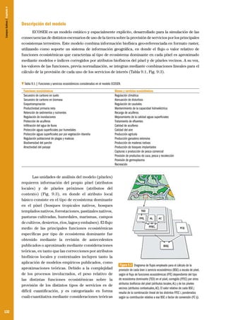Campos Sulinos | Capítulo 9

Descripción del modelo
ECOSER es un modelo estático y espacialmente explícito, desarrollado para la simulación de las
consecuencias de distintos escenarios de uso de la tierra sobre la provisión de servicios por los principales
ecosistemas terrestres. Este modelo combina información biofísica geo-referenciada en formato raster,
utilizando como soporte un sistema de información geográfica, en donde el flujo o valor relativo de
funciones ecosistémicas que caracteriza al tipo de ecosistema dominante en cada píxel es aproximado
mediante modelos e índices corregidos por atributos biofísicos del píxel y de píxeles vecinos. A su vez,
los valores de las funciones, previa normalización, se integran mediante combinaciones lineales para el
cálculo de la provisión de cada uno de los servicios de interés (Tabla 9.1, Fig. 9.3).
Tabla 9.1 | Funciones y servicios ecosistémicos considerados en el modelo ECOSER.
Funciones ecosistémicas
Secuestro de carbono en suelo
Secuestro de carbono en biomasa
Evapotranspiración
Productividad primaria neta
Retención de sedimentos y nutrientes
Regulación de inundaciones
Protección de acuíferos
Infiltración del agua de lluvia
Protección aguas superficiales por humedales
Protección aguas superficiales por por vegetación ribereña
Regulación poblacional de plagas y malezas
Biodiversidad del parche
Atractividad del paisaje

Las unidades de análisis del modelo (píxeles)
requieren información del propio píxel (atributos
locales) y de píxeles próximos (atributos del
contexto) (Fig. 9.3), en donde el atributo local
básico consiste en el tipo de ecosistema dominante
en el píxel (bosques tropicales nativos, bosques
templados nativos, forestaciones, pastizales nativos,
pasturas cultivadas, humedales, marismas, campos
de cultivos, desiertos, ríos, lagos y embalses). El flujo
medio de las principales funciones ecosistémicas
específicas por tipo de ecosistema dominante fue
obtenido mediante la revisión de antecedentes
publicados o aproximado mediante consideraciones
teóricas, en tanto que las correcciones por atributos
biofísicos locales y contextuales incluyen tanto la
aplicación de modelos empíricos publicados, como
aproximaciones teóricas. Debido a la complejidad
de los procesos involucrados, el peso relativo de
las distintas funciones ecosistémicas sobre la
provisión de los distintos tipos de servicios es de
difícil cuantificación, y es categorizado en forma
cuali-cuantitativa mediante consideraciones teóricas

132

Bienes y servicios ecosistémicos
Regulación climática
Atenuación de disturbios
Regulación de caudales
Mantenimiento de la capacidad hidroeléctrica
Recarga de acuíferos
Mejoramiento de la calidad aguas superficiales
Tratamiento de efluentes
Calidad de acuíferos
Calidad del aire
Producción agrícola
Producción ganadera extensiva
Producción de maderas nativas
Producción de bosques implantados
Capturas o producción de pesca comercial
Provisión de productos de caza, pesca y recolección
Provisión de germoplasma
Recreación

Figura 9.3 Diagrama de flujos empleado para el cálculo de la
provisión de cada bien o servicio ecosistémico (BSE) a escala de píxel,
según el flujo de funciones ecosistémicas (FFE) dependiente del tipo
de ecosistema dominante (TED) en el píxel, corregido (FFEC) por otros
atributos biofísicos del píxel (atributos locales, AL) y de los píxeles
vecinos (atributos contextuales, AC). El valor relativo de cada BSE j
resulta de la combinación lineal de los distintos FFEC i, ponderados
según su contribución relativa a ese BSE o factor de conversión (FC ij).

 