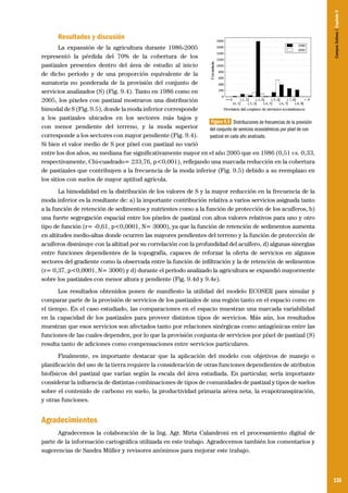 La expansión de la agricultura durante 1986-2005
representó la pérdida del 70% de la cobertura de los
pastizales presentes dentro del área de estudio al inicio
de dicho período y de una proporción equivalente de la
sumatoria no ponderada de la provisión del conjunto de
servicios analizados (S) (Fig. 9.4). Tanto en 1986 como en
2005, los píxeles con pastizal mostraron una distribución
bimodal de S (Fig. 9.5), donde la moda inferior corresponde
a los pastizales ubicados en los sectores más bajos y
Figura 9.5 Distribuciones de frecuencias de la provisión
con menor pendiente del terreno, y la moda superior
del conjunto de servicios ecosistémicos por píxel de con
corresponde a los sectores con mayor pendiente (Fig. 9.4).
pastizal en cada año analizado.
Si bien el valor medio de S por píxel con pastizal no varió
entre los dos años, su mediana fue significativamente mayor en el año 2005 que en 1986 (0,51 vs. 0,33,
respectivamente, Chi-cuadrado= 233,76, p<0,001), reflejando una marcada reducción en la cobertura
de pastizales que contribuyen a la frecuencia de la moda inferior (Fig. 9.5) debido a su reemplazo en
los sitios con suelos de mayor aptitud agrícola.

Campos Sulinos | Capítulo 9

Resultados y discusión

La bimodalidad en la distribución de los valores de S y la mayor reducción en la frecuencia de la
moda inferior es la resultante de: a) la importante contribución relativa a varios servicios asignada tanto
a la función de retención de sedimentos y nutrientes como a la función de protección de los acuíferos, b)
una fuerte segregación espacial entre los píxeles de pastizal con altos valores relativos para uno y otro
tipo de función (r= -0,61, p<0,0001, N= 3000), ya que la función de retención de sedimentos aumenta
en altitudes medio-altas donde ocurren las mayores pendientes del terreno y la función de protección de
acuíferos disminuye con la altitud por su correlación con la profundidad del acuífero, d) algunas sinergias
entre funciones dependientes de la topografía, capaces de reforzar la oferta de servicios en algunos
sectores del gradiente como la observada entre la función de infiltración y la de retención de sedimentos
(r= 0,37, p<0,0001, N= 3000) y d) durante el período analizado la agricultura se expandió mayormente
sobre los pastizales con menor altura y pendiente (Fig. 9.4d y 9.4e).
Los resultados obtenidos ponen de manifiesto la utilidad del modelo ECOSER para simular y
comparar parte de la provisión de servicios de los pastizales de una región tanto en el espacio como en
el tiempo. En el caso estudiado, las comparaciones en el espacio muestran una marcada variabilidad
en la capacidad de los pastizales para proveer distintos tipos de servicios. Más aún, los resultados
muestran que esos servicios son afectados tanto por relaciones sinérgicas como antagónicas entre las
funciones de las cuales dependen, por lo que la provisión conjunta de servicios por píxel de pastizal (S)
resulta tanto de adiciones como compensaciones entre servicios particulares.
Finalmente, es importante destacar que la aplicación del modelo con objetivos de manejo o
planificación del uso de la tierra requiere la consideración de otras funciones dependientes de atributos
biofísicos del pastizal que varían según la escala del área estudiada. En particular, sería importante
considerar la influencia de distintas combinaciones de tipos de comunidades de pastizal y tipos de suelos
sobre el contenido de carbono en suelo, la productividad primaria aérea neta, la evapotranspiración,
y otras funciones.

Agradecimientos
Agradecemos la colaboración de la Ing. Agr. Mirta Calandroni en el procesamiento digital de
parte de la información cartográfica utilizada en este trabajo. Agradecemos también los comentarios y
sugerencias de Sandra Müller y revisores anónimos para mejorar este trabajo.

135

 