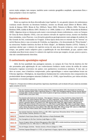 Campos Sulinos | Capítulo 10

serem muito antigos, tais campos, também neste contexto geográfico ampliado, apresentam flora e
fauna próprias e ricas em espécies.

Espécies endêmicas
Entre as espécies da flora diversificada (veja Capítulo 4), um grande número de endemismos
continua sendo descrito na literatura botânica, mesmo na década atual (Ritter & Miotto 2002,
Acedo & Llamas 2003, Mentz & Nee 2003a,b, Vanni 2003, Pinheiro & Miotto 2005, Trevisan &
Boldrini 2006, Lüdtke & Miotto 2007, Heiden et al. 2008, Lüdtke et al. 2008, Schneider & Boldrini
2008). Algumas áreas se destacam pela maior concentração desses endemismos, como os Campos
de Cima da Serra (Rambo 1956), com um número elevado de espécies novas, mesmo em famílias
bem estudadas, como Poaceae, e as elevações graníticas geologicamente mais antigas do sudeste do
Rio Grande do Sul, continuadas no Uruguai. A flora típica desta área se estende até as “sierras” ao
sul de Buenos Aires e nas cercanias de Córdoba, na Argentina, e foi denominada de “Flora Insular”,
na minuciosa “Análise histórica da flora de Porto Alegre”, de Balduíno Rambo (1954). Todavia, é
oportuno alertar que o número de espécies novas de uma área pode tornar-se, com o passar do
tempo, um padrão muito subjetivo para a qualificação de sua diversidade, já que, quanto mais
estudada uma flora local, menor é o número de espécies novas que surgem, eis que, pouco a pouco,
elas são cumulativamente descritas.

O conhecimento agrostológico regional
Além da boa qualidade das pastagens naturais, os campos do Cone Sul da América do Sul
são premiados pela aglutinação de um conhecimento botânico muito acima da média de outras
formações vegetais ocorrentes em países com parâmetros econômicos similares. E isto não se
deve ao acaso, mas à histórica compreensão, pelos agrostólogos e outros especialistas locais em
Ciências Agrárias e Biológicas, da importância fundamental do conhecimento dos componentes da
produtividade dessas pastagens naturais (Gallinal et al. 1938), cujos benefícios, por vários séculos,
suportaram a economia regional.
Tabela 10.1 | Principais obras de referência sobre gramíneas e leguminosas, disponibilizadas a partir da década de 60, para o estudo das comunidades
vegetais campestres do Cone Sul.

ARGENTINA

BRASIL-RS

Flora Ilustrada do Rio Grande do Sul: Gramíneas – Tribos Agrosteae (=Aveneae p.p.), Poeae, Danthonieae, Stipeae (Kampf 1975,
Longhi-Wagner 1987, Santos & Boechat 1989, Zanin et al. 1995) e Leguminosas – Tribo Phaseoleae – subtribo Cajaninae (Miotto
1988), além de tratamentos dos gêneros de gramíneas Bothriochloa, Cynodon, Eragrostis, Hordeum, Panicum, Paspalum, Setaria,
Spartina e Sporobolus (Barreto 1974, Boldrini 1976, 1989, Boechat & Valls 1986a, 1991, Eggers & Boldrini 1988, Giacobbo &
Boechat 1988, Santos & Boechat 1994, Canto-Dorow et al. 1996; Marchi & Longhi-Wagner 1998, Guglieri & Longhi-Wagner 2000) e
dos gêneros de leguminosas Adesmia, Aeschynomene, Camptosema, Canavalia, Centrosema, Clitoria, Desmodium, Dioclea, Indigofera,
Lupinus, Poiretia, Chamaecrista e Senna (Oliveira 1983, 1990, 2002, Miotto 1986, 1987a,b, Eisinger 1987, Janke et al. 1988, Miotto
& Leitão Filho 1993, Pinheiro & Miotto 2001, Camargo & Miotto 2004, Rodrigues et al. 2005)

BRASIL-SC

Flora Ilustrada Catarinense. Gramíneas (Smith et al. 1981-1982) e Leguminosas: Mimosoideas (Burkart 1979) e Caesalpinioideas –
Tribos Cercideae e Detarieae. (Bortoluzzi et al. 2006).

BRASIL-PR

Hatschbach’s Paraná Grasses (Renvoize 1988). Gramíneas no Paraná (Dombrowski 1989).

BRASIL-SP

Flora Fanerogâmica de São Paulo: Gramíneas (Longhi-Wagner et al. 2001)

BRASIL–MS

Recursos Forrageiros Nativos do Pantanal Mato-grossense (Allem & Valls 1987) e revisões taxonômicas de Aeschynomene, Desmodium
e Stylosanthes (Lima et al. 2006, Costa et al. 2008, Nobre et al. 2008).

PARAGUAI

Flora del Paraguay: Gramineae – Paniceae. Acroceras a Panicum (Zuloaga et al. 1994).

URUGUAI

142

Flora de la Província de Buenos Aires: Gramíneas (Cabrera 1970) e Leguminosas (Burkart 1967). Flora Ilustrada de la Província de
Entre Rios: Gramíneas (Burkart 1969) e Leguminosas (Burkart et al. 1987). Flora Fanerogámica Argentina. Poaceae, Paniceae (Morrone
& Zuloaga 1995) e revisões taxonômicas mais recentes de gêneros de leguminosas campestres, com destaque para Adesmia (Ulibarri
& Burkart 2000) e Zornia (Vanni 1995).

Gramíneas Uruguayas (Rosengurtt et al. 1970). Las Leguminosas en Uruguay y regiones vecinas. (Izaguirre & Beyhaut 1998, 2003).

 
