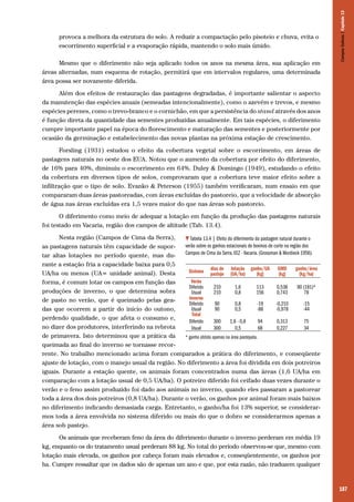Mesmo que o diferimento não seja aplicado todos os anos na mesma área, sua aplicação em
áreas alternadas, num esquema de rotação, permitirá que em intervalos regulares, uma determinada
área possa ser novamente diferida.

Campos Sulinos | Capítulo 13

provoca a melhora da estrutura do solo. A reduzir a compactação pelo pisoteio e chuva, evita o
escorrimento superficial e a evaporação rápida, mantendo o solo mais úmido.

Além dos efeitos de restauração das pastagens degradadas, é importante salientar o aspecto
da manutenção das espécies anuais (semeadas intencionalmente), como o azevém e trevos, e mesmo
espécies perenes, como o trevo-branco e o cornichão, em que a persistência do stand através dos anos
é função direta da quantidade das sementes produzidas anualmente. Em tais espécies, o diferimento
cumpre importante papel na época do florescimento e maturação das sementes e posteriormente por
ocasião da germinação e estabelecimento das novas plantas na próxima estação de crescimento.
Forsling (1931) estudou o efeito da cobertura vegetal sobre o escorrimento, em áreas de
pastagens naturais no oeste dos EUA. Notou que o aumento da cobertura por efeito do diferimento,
de 16% para 40%, diminuiu o escorrimento em 64%. Duley & Domingo (1949), estudando o efeito
da cobertura em diversos tipos de solos, comprovaram que a cobertura teve maior efeito sobre a
infiltração que o tipo de solo. Evanko & Peterson (1955) também verificaram, num ensaio em que
compararam duas áreas pastoreadas, com áreas excluídas do pastoreio, que a velocidade de absorção
de água nas áreas excluídas era 1,5 vezes maior do que nas áreas sob pastoreio.
O diferimento como meio de adequar a lotação em função da produção das pastagens naturais
foi testado em Vacaria, região dos campos de altitude (Tab. 13.4).
Nesta região (Campos de Cima da Serra),
Tabela 13.4 | Efeito do diferimento da pastagem natural durante o
verão sobre os ganhos estacionais de bovinos de corte na região dos
as pastagens naturais têm capacidade de suporCampos de Cima da Serra. EEZ - Vacaria. (Grossman & Mordieck 1956).
tar altas lotações no período quente, mas du	
rante a estação fria a capacidade baixa para 0,5
dias de lotação
ganho/área
Sistema pastejo (UA/ha) ganho/UA GMD
UA/ha ou menos (UA= unidade animal). Desta
(kg)
(kg)
(kg/ha)
Verão
forma, é comum lotar os campos em função das
Diferido
210
1,6
113
0,538
90 (181)*
produções de inverno, o que determina sobra
Usual
210
0,8
156
0,743
78
Inverno
de pasto no verão, que é queimado pelas geaDiferido
90
0,8
-19
-0,210
-15
Usual
90
0,5
-88
-0,978
-44
das que ocorrem a partir do início do outono,
Total
perdendo qualidade, o que afeta o consumo e,
Diferido
300
1,6 - 0,8
94
0,313
75
no dizer dos produtores, interferindo na rebrota
Usual
300
0,5
68
0,227
34
de primavera. Isto determinou que a prática da
* ganho obtido apenas na área pastejada.
queimada ao final do inverno se tornasse recorrente. No trabalho mencionado acima foram comparados a prática do diferimento, e conseqüente
ajuste de lotação, com o manejo usual da região. No diferimento a área foi dividida em dois potreiros
iguais. Durante a estação quente, os animais foram concentrados numa das áreas (1,6 UA/ha em
comparação com a lotação usual de 0,5 UA/ha). O potreiro diferido foi ceifado duas vezes durante o
verão e o feno assim produzido foi dado aos animais no inverno, quando eles passaram a pastorear
toda a área dos dois potreiros (0,8 UA/ha). Durante o verão, os ganhos por animal foram mais baixos
no diferimento indicando demasiada carga. Entretanto, o ganho/ha foi 13% superior, se considerarmos toda a área envolvida no sistema diferido ou mais do que o dobro se considerarmos apenas a
área sob pastejo.
Os animais que receberam feno da área do diferimento durante o inverno perderam em média 19
kg, enquanto os do tratamento usual perderam 88 kg. No total do período observou-se que, mesmo com
lotação mais elevada, os ganhos por cabeça foram mais elevados e, conseqüentemente, os ganhos por
ha. Cumpre ressaltar que os dados são de apenas um ano e que, por esta razão, não traduzem qualquer

187

 