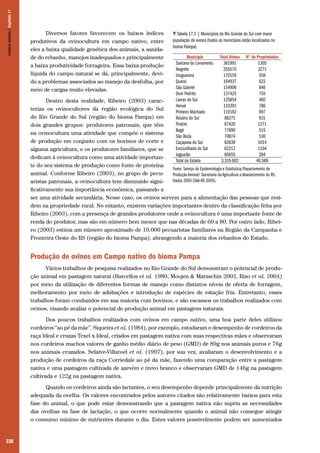 Campos Sulinos | Capítulo 17

Diversos fatores favorecem os baixos índices
produtivos da ovinocultura em campo nativo, entre
eles a baixa qualidade genética dos animais, a sanidade do rebanho, manejos inadequados e principalmente
a baixa produtividade forrageira. Essa baixa produção
líquida do campo natural se dá, principalmente, devido a problemas associados ao manejo da desfolha, por
meio de cargas muito elevadas.

Tabela 17.1 | Municipios do Rio Grande do Sul com maior
população de ovinos (todos os municipios estão localizados no
bioma Pampa)
Município
Santana do Livramento
Alegrete
Uruguaiana
Quarai
São Gabriel
Dom Pedrito
Lavras do Sul
Herval
Pinheiro Machado
Rosário do Sul
Piratini
Bagé
São Borja
Caçapava do Sul
Encruzilhada do Sul
Jaguarão
Total do Estado

Total Ovinos
381991
255570
170159
164937
154906
137425
125854
110391
110182
88275
87420
77890
70874
62839
62212
60655
3.319.902

Nº de Propriedades
1305
3271
558
622
846
755
460
786
697
931
1271
515
530
1014
1104
284
40.589

Dentro desta realidade, Ribeiro (2003) caracteriza os ovinocultores da região ecológica do Sul
do Rio Grande do Sul (região do bioma Pampa) em
dois grandes grupos: produtores patronais, que têm
na ovinocultura uma atividade que compõe o sistema
de produção em conjunto com os bovinos de corte e
alguma agricultura, e os produtores familiares, que se
dedicam à ovinocultura como uma atividade importante do seu sistema de produção como fonte de proteína
Fonte: Serviço de Epidemiologia e Estatística/Departamento de
animal. Conforme Ribeiro (2003), no grupo de pecuProdução Animal/ Secretaria da Agricultura e Abastecimento do RS,
Dados 2005 (SAA-RS 2005).
aristas patronais, a ovinocultura tem diminuido significativamente sua importância econômica, passando a
ser uma atividade secundária. Nesse caso, os ovinos servem para a alimentação das pessoas que residem na propriedade rural. No entanto, existem variações importantes dentro da classificação feita por
Ribeiro (2003), com a presença de grandes produtores onde a ovinocultura é uma importante fonte de
renda do produtor, mas são em número bem menor que nas décadas de 60 a 80. Por outro lado, Ribeiro (2003) estima um número aproximado de 10.000 pecuaristas familiares na Região da Campanha e
Fronteira Oeste do RS (região do bioma Pampa), abrangendo a maioria dos rebanhos do Estado.

Produção de ovinos em Campo nativo do bioma Pampa
Vários trabalhos de pesquisa realizados no Rio Grande do Sul demonstram o potencial de produção animal em pastagem natural (Barcellos et al. 1980, Moojen & Maraschin 2002, Rizo et al. 2004)
por meio da utilização de diferentes formas de manejo como distintos níveis de oferta de forragem,
melhoramento por meio de adubações e introdução de espécies de estação fria. Entretanto, esses
trabalhos foram conduzidos em sua maioria com bovinos, e são escassos os trabalhos realizados com
ovinos, visando avaliar o potencial de produção animal em pastagens naturais.
Dos poucos trabalhos realizados com ovinos em campo nativo, uma boa parte deles utilizou
cordeiros “ao pé da mãe”. Siqueira et al. (1984), por exemplo, estudaram o desempenho de cordeiros da
raça Ideal e cruzas Texel x Ideal, criados em pastagem nativa com suas respectivas mães e observaram
nos cordeiros machos valores de ganho médio diário de peso (GMD) de 89g nos animais puros e 76g
nos animais cruzados. Selaive-Villaroel et al. (1997), por sua vez, avaliaram o desenvolvimento e a
produção de cordeiros da raça Corriedale ao pé da mãe, fazendo uma comparação entre a pastagem
nativa e uma pastagem cultivada de azevém e trevo branco e observaram GMD de 146g na pastagem
cultivada e 122g na pastagem nativa.
Quando os cordeiros ainda são lactantes, o seu desempenho depende principalmente da nutrição
adequada da ovelha. Os valores encontrados pelos autores citados são relativamente baixos para esta
fase do animal, o que pode estar demonstrando que a pastagem nativa não supriu as necessidades
das ovelhas na fase de lactação, o que ocorre normalmente quando o animal não consegue atingir
o consumo mínimo de nutrientes durante o dia. Estes valores possivelmente podem ser aumentados

230

 