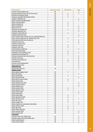 Categoria de ameaça
EN
VU
VU
CR
EN
EN
VU
EN
VU
EN
VU
VU
EN
VU
VU
VU
CR
VU
EN
VU
VU
EN
PE
VU
VU
EN
EN
EN
EN
EN
EN

Mata Atlântica
X
X
X

X
X
X
X
X
X

CR
VU
CR
CR

X
X
X
X

X
X
X
X
X

X
X
X

X
X
X
X
X
X
X
X

VU
EN
VU
EN
EN
VU
EN
EN
CR
VU
CR
EN
VU
VU
VU
VU
VU
VU
VU
VU
EN
VU
EN
EN
EN

Pampa
X
X

Campos Sulinos | Capítulo 4

Família/Espécie
Gochnatia orbiculata (Malme) Cabr.
Gochnatia polymorpha (Less.) Cabr. ssp. floccosa Cabr.
Holocheilus monocephalus Mondin
Hysterionica pinnatiloba Matzenbacker & Sobral
Isostigma crithmifolium Less.
Mikania anethifolia (DC.)Matzenbacher
Mikania decumbens Malme
Mikania oblongifolia DC.
Mikania pinnatiloba DC.
Mikania viminea DC.
Pamphalea araucariophila Cabr.
Pamphalea blupeurifolia Less. 
Pamphalea cardaminifolia Less.
Pamphalea commersonii Cass.
Perezia multiflora (Humb. & Bonpl.) Less. ssp. sonchifolia (Baker) Vuill. 
Perezia squarrosa (Vahl) Less. ssp. cubatensis (Less.) Vuill.
Perezia squarrosa (Vahl) Less. ssp. squarrosa 
Pamphalea maxima Less.
Pamphalea missionum Cabr. 
Pamphalea ramboi Cabr.
Pamphalea smithii Cabr.
Schlechtendahlia luzulifolia Less. 
Senecio heteroschizus Baker
Smallanthus connatus (Spreng.) H. Rob. 
Stenachenium macrocephalum DC.
Trichocline catharinensis Cabr. var. discolor Cabr. 
Trichocline incana Cass. 
Trichocline macrocephala Less. 
Trixis pallida Less. 
Vernonia constricta Matzembacher 
Viguiera guaranitica Chod. 
BORAGINACEAE
Moritzia ciliata (Cham.) DC.
BROMELIACEAE
Dyckia agudensis Irgang & Sobral
Dyckia alba S. Winkl.
Dyckia brevifolia Baker
Dyckia choristaminea Mez
Dyckia delicata Larocca & Sobral
Dyckia distachya Hassl.
Dyckia domfelicianensis Strehl
Dyckia elisabethae S. Winkl.
Dyckia hebdingii L.B.Sm.
Dyckia ibicuiensis Strehl
Dyckia irmgardiae L.B.Sm.
Dyckia jonesiana Strehl
Dyckia julianae Strehl
Dyckia maritima Baker
Dyckia nigrospinulata Strehl
Dyckia polycladus L.B.Sm.
Dyckia reitzii L.B.Sm.
Dyckia remotiflora Otto
Dyckia remotiflora var. montevidensis (C.Koch) Baker
Dyckia retroflexa S. Winkl.
Dyckia rigida Strehl
Dyckia tuberosa (Vell.) Beer
Dyckia vicentensis Strehl
Dyckia waechteri Strehl
CACTACEAE
Echinopsis eyriesii (Turp.) Pfeiffer & Otto
Echinopsis oxygona (Link & Otto) Pfeiffer & Otto
Frailea buenekeri Abraham
Frailea castanea Backeb.

X
X
X
X
X
X
X
X
X

X
X
X
X
X
X
X
X
X
X
X
X
X
X
X
?
X
X

?
X
X

X
X
X
X
X
X
X
X
X

73

 