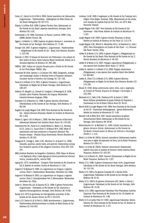 152
Costa L.C., Sartori A.L.B. & Pott A. 2008. Estudo taxonômico de Stylosanthes
(Leguminosae – Papilionoideae – Dalbergieae) em Mato Grosso do
Sul, Brasil. Rodriguesia 59: 547-572.
Dalpiaz S. & Ritter M.R. 1998. O gênero Pluchea Cass. (Asteraceae) no
Rio Grande do Sul, Brasil: aspectos taxonômicos. Iheringia, Série
Botânica 50: 3-20.
Dombrowski L.T.D. 1989. Gramíneas no Paraná. Londrina: IAPAR. 116p.
(IAPAR. Boletim Técnico, 28)
Eggers L. & Boldrini I.I. 1988. Espécies do gênero Hordeum L. ocorrentes no
Rio Grande do Sul. Iheringia, Série Botânica 37: 71-89.
Eisinger S.M. 1987. O gênero Indigofera L. (Leguminosae – Papilionoideae
– Indigofereae) no Rio Grande do Sul – Brasil. Acta Botanica Brasílica
1: 123-140.
Eskuche, U. 2007. El bosque de Araucaria con Podocarpus y los campos de
Bom Jardim da Serra, Santa Catarina (Brasil meridional). Boletin de la
Sociedad Argentina de Botánica 42: 295-308.
FARSUL. 1997. Índices de Lotação Pecuária para o Estado do Rio Grande
do Sul. Porto Alegre: FARSUL. 56p.
Fernandes M.I.B.M., Barreto I.L. & Salzano F.M. 1968. Cytogenetic, ecologic
and morphologic studies in Brazilian forms of Paspalum dilatatum.
Canadian Journal of Genetics and Cytology 10: 131–138.
Flores A.S. & Miotto S.T.S. 2001. O gênero Crotalaria L. (Leguminosae-
Faboideae) na Região Sul do Brasil. Iheringia, Série Botânica 55:
189-247.
Gallinal J.P., Bergalli L.U., Campal E.F.,Aragone L & Rosengurtt, B. 1938.
Estudios sobre Praderas Naturales del Uruguay. Montevideo:
Imprenta Germana Uruguaya. 208p.
Giacobbo E.O. & Boechat S.C. 1988. O gênero Spartina (Gramineae:
Chloridoideae) no Rio Grande do Sul. Iheringia, Série Botânica 37:
89-109.
Guglieri A & Longhi-Wagner H.M. 2000. Flora Ilustrada do Rio Grande do
Sul – Gênero Panicum (Poaceae). Boletim do Instituto de Biociencias
59: 1-163.
Heiden G, Iganci J.R.V. & Macias L. 2008. Two New Species of Baccharis
(Asteraceae,Astereae) from Southern Brazil. Novon 18: 178-182.
Hickenbick M.C.M., Flores A.I.P., Cavalli-Molina S.,Weber L.H., Kersting
A.C.O., Costa L.S., Souza-Chies T.T. & Albarus M.H. 1982. Mode of
reproduction and seed production in Paspalum dilatatum Poir.
Virasoro biotype – Dilatata Group (Gramineae). Revista Brasileira de
Genética 15: 85-102.
Hojsgaard D., Schegg E.,Valls J.F.M., Martínez E.J. & Quarín C.L. 2008.
Sexuality, apomixis, ploidy levels, and genomic relationships among
four Paspalum species of the subgenus Anachyris. Flora 203: 535-
547.
IBGE/Instituto Brasileiro de Geografia e Estatística. 2004. Mapa de Biomas
e de Vegetação [http://www.ibge.gov.br/home/presidencia/noticias/
noticia_visualiza.php?id_noticia=169]
Irgang B.E. 1974. Umbelliferae – Eryngium. Flora Ilustrada do Rio Grande do
Sul, 9. Boletim do Instituto Central de Biociências 2: 1-64.
Izaguirre P. & Beyhaut R. 1998. Las Leguminosas en Uruguay y regiones
vecinas. Parte 1. Papilionoideae. Montevideo: Hemisferio Sur. 548p.
Izaguirre P. & Beyhaut R. 2003. Las Leguminosas en Uruguay y regiones
vecinas. Parte 2. Caesalpinioideae Part 3. Mimosoideae. Montevideo:
Hemisferio Sur. 302p.
Janke H., Oliveira M.L.A.A. & Siqueira N.C.S. 1988. O gênero Poiretia Vent.
(Leguminosae – Faboideae) no Rio Grande do Sul: taxonomia e
aspectos farmacognósticos. Iheringia, Série Botânica 38: 43-66.
Kampf,A.N. 1975.As gramíneas da tribo Agrosteae ocorrentes no Rio
Grande do Sul. Anuário Técnico do IPZ 2: 541-679.
Lima L.C.P., Sartori A.L.B. & Pott V.J. 2006. Aeschynomene L. (Leguminosae,
Papilionoideae,Aeschynomeneae) no Estado de Mato Grosso do Sul.
Hoehnea 33: 419-453.
Lindman, C.A.M. 1906. A vegetação no Rio Grande do Sul.Tradução de A.
Löfgren. Porto Alegre: Universal. 358p. [Reproduzida em fac-símile,
com inserção de capítulo final de Ferri, M.G., em 1974. Belo
Horizonte: Itatiaia]
Longhi-Wagner H.M. 1987. Flora Ilustrada do Rio Grande do Sul.
Gramineae – tribo Poeae. Boletim do Instituto de Biociências 41:
1-191.
Longhi-Wagner H.M. 1999. O gênero Aristida (Poaceae) no Brasil.
Boletim do Instituto de Botânica de São Paulo 12: 113-179.
Longhi-Wagner H.M., Bittrich V.,Wanderley, M.G.L. & Shepherd G.J. (eds.)
2001. Flora Fanerogâmica do Estado de São Paulo – v.1. Poaceae.
São Paulo: Hucitec. 292p.
Lüdtke R. & Miotto S.T.S. 2004. O gênero Polygala L. (Polygalaceae) no
Rio Grande do Sul, Brasil. Flora Ilustrada do Rio Grande do Sul, 2.
Revista Brasileira de Biociências 2: 49-102.
Lüdtke R. & Miotto S.T.S. 2007. Polygala riograndensis (Polygalaceae), a
new species from Southern Brazil. Novon 17: 40-42.
Lüdtke R., Boldrini I.I. & Miotto S.T.S. 2008. Polygala altomontana
(Polygalaceae), a new species from southern Brazil. Kew Bulletin
63: 665-667.
Lüdtke R., Chies T.T.S. & Miotto S.T.S. 2009. O gênero Monnina
(Polygalaceae) na Região Sul do Brasil. Acta Botanica Brasilica 23:
175-195.
Maack R. 1948. Notas preliminares sobre clima, solo e vegetação
do Estado do Paraná. Arquivos de Biologia e Tecnologia 3:
103-200.
Machado A.C.C.,Valls J.F.M., Peñaloza A.P.S. & Santos S. 2005.
Novos biótipos pentaplóides do grupo Dilatata de Paspalum L.
(Gramineae) no Sul do Brasil. Ciência Rural 35: 56–61.
Marchi M.M. & Longhi-Wagner H.M. 1998. Flora Ilustrada do Rio Grande
do Sul 24 – Gramineae: Andropogoneae – gênero Bothriochloa.
Boletim do Instituto de Biociencias 57: 1-60.
Marodin S.M. & Ritter M.R. 1997. Estudo taxonômico do gênero
Stenachaenium Benth. (Asteraceae) no Rio Grande do Sul.
Iheringia, Série Botânica 48: 59-84.
Matzenbacher N.I. & Mafioleti S.I. 1994. Estudo taxonômico do
gênero Vernonia Schreb. (Asteraceae) no Rio Grande do
Sul-Brasil. Comunicações do Museu de Ciências e Tecnologia
PUCRS 1: 1-133.
Mentz L.A. & Nee M. 2003a. Solanum aparadense (Solanaceae) espécie
nova para a região dos Aparados da Serra, sul do Brasil. Pesquisas.
Botânica 53: 169-174.
Mentz L.A. & Nee M. 2003b. Solanum setosissimum (Solanaceae)
espécie nova para os estados do Paraná e Santa Catarina, Brasil.
Pesquisas. Botânica 53: 163-167.
Mentz L.A. & Oliveira P.L. 2004. Solanum (Solanaceae) na Região Sul do
Brasil. Pesquisas. Botânica 54: 1-327.
Miotto S.T.S. 1986. O gênero Camptosema Hook. et Arn. (Leguminosae-
Faboideae) no Rio Grande do Sul, Brasil. Iheringia, Série Botânica
34: 131-141.
Miotto S.T.S.1987a.Os gêneros Canavalia DC.e Dioclea H.B.K.
(Leguminosae,Faboideae) no Rio Grande do Sul.Iheringia, Série
Botânica 36: 41-55.
Miotto S.T.S. 1987b. Os gêneros Centrosema (DC.) Benth. e Clitoria L.
(Leguminosae- Faboideae) no Rio Grande do Sul. Iheringia, Série
Botânica 36: 15-39.
Miotto S.T.S. 1988. Leguminosae-Faboideae,Tribo Phaseoleae, Subtribo
Cajaninae. Flora Ilustrada do Rio Grande do Sul, 19, Boletim do
Instituto de Biociências 43: 1-88.
Miotto S.T.S. & Leitão Filho H.F. 1993. Leguminosae-Faboideae. Gênero
Adesmia DC. Flora Ilustrada do Rio Grande do Sul, 23, Boletim do
Instituto de Biociências 52: 1-157.
CamposSulinos|Capítulo10
 