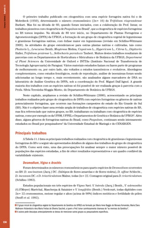 156
O primeiro trabalho publicado em citogenética com uma espécie forrageira nativa foi o de
Mohrdieck (1950), determinando o número cromossômico (2n= 16) do Trifolium riograndense
Burkart. Mas foi na década de 60, quando foram iniciados, com a colaboração do Prof. Ismar, os
trabalhos pioneiros com citogenética de Paspalum no Brasil2
, que a citogenética de espécies forrageiras
no RS tomou impulso. Na década de 80 teve início, no Departamento de Plantas Forrageiras e
Agrometeorologia (DPFA) da UFRGS, a formação de um grupo de citogenética vegetal de leguminosas
e gramíneas forrageiras nativas, com ênfase maior em leguminosas (revisão em Schifino-Wittmann
2000). As atividades do grupo estenderam-se para outras plantas nativas e cultivadas, tais como
Phalaris L., Leucaena Benth, Maytenus Molina, Capsicum L., Hypericum L., Citrus L., Digitaria
Haller, Trifolium pratense L., Sellocharis paradoxa Taubert. Muitos destes trabalhos resultaram de
parcerias com os Departamentos de Horticultura e Silvicultura e de Botânica da UFRGS, Department
of Plant Sciences da Universidade de Oxford e INTTAs (Instituto Nacional de Transferencia de
Tecnología Agropecuaria) do Paraguai. Vários materiais estudados faziam ou fazem parte de programas
de melhoramento ou, por outro lado, são voltados a estudos taxonômicos e evolutivos. Abordagens
complementares, como estudos fenológicos, modo de reprodução, análise de isoenzimas foram sendo
adicionadas ao longo tempo e, mais recentemente, são analisados alguns marcadores de DNA no
laboratório de Análise Genética do DPFA, sob a coordenação do Prof. Miguel Dall’Agnol. A grande
maioria dos trabalhos com as espécies nativas só foi possível de ser realizada graças à parceria com a
Profa. Sílvia Teresinha Sfoggia Miotto, do Departamento de Botânica da UFRGS.
Neste capítulo, ampliamos a revisão de Schifino-Wittmann (2000), acrescentando os principais
trabalhos realizados pelo grupo de citogenética de DPFA com espécies forrageiras ou gêneros de nativas
potencialmente forrageiras, que ocorrem nas formações campestres do estado do Rio Grande do Sul
(RS). Não é o objetivo fazer uma revisão ampla de trabalhos de citogenética com espécies nativas do RS,
mas fica referenciado que outros grupos, no RS, trabalharam ou trabalham com citogenética de espécies
nativas, como por exemplo os da UFSM, UFPEL e Departamentos de Genética e Botânica da UFRGS3
. Além
disso, alguns gêneros de forrageiras nativas do Brasil, como Paspalum, continuam sendo intensamente
estudados no Brasil por pesquisadores3
da Universidade Estadual de Maringá e do CENARGEN.
Principais trabalhos
A Tabela 11.1 lista os principais trabalhos realizados com citogenética de gramíneas e leguminosas
forrageiras do RS e a seguir são apresentados detalhes de alguns dos trabalhos do grupo de citogenética
do DPFA. Como será visto, uma das preocupações foi analisar sempre o maior número possível de
populações das espécies estudadas, a fim de obter resultados representativos e um quadro confiável da
variabilidade existente.
Desmodium, Vigna e Arachis
Foram determinados os números cromossômicos para quarto espécies de Desmodium ocorrentes
no RS: D. uncinatum (Jacq.) DC. (biótipos de flores amarelas e de flores violeta), D. affine Schlecht.,
D. incanum DC. e D. triarticulatum Malme, todas 2n= 22. Contagem original para D. triarticulatum
(Schifino 1983).
Estudos populacionais em três espécies de Vigna Savi: V. luteola (Jacq.) Benth., V. adenantha
(G.F.Meyer) Maréchal, Mascherpa & Satainier e V. longifolia (Benth.) Verdcourt, todas diplóides com
2n= 22 cromossomos, meiose regular e altos (acima de 90%) índices meióticos e fertilidade do pólen
(Senff et al. 1992).
2 O grupo inicial de citogenética vegetal do Departamento de Genética da UFRGS era formado por Maria Irene Baggio de Moraes-Fernandes, Maria Clara
Mallmann Hickenbick e Ana Maria Freitas de Oliveira Sacchet, a quem o Prof. Ismar carinhosamente chamava de “as meninas da Genética”.
3 A autora pede desculpas antecipadamente se deixou de mencionar outros grupos ou pesquisadores específicos.
CamposSulinos|Capítulo11
 