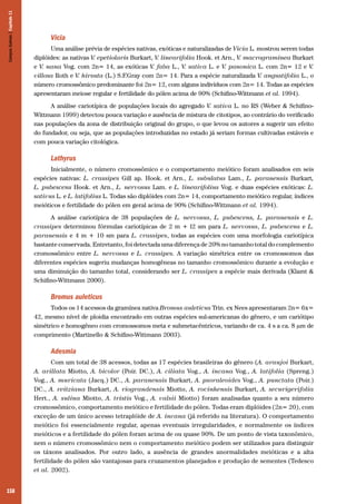 158
Vicia
Uma análise prévia de espécies nativas, exóticas e naturalizadas de Vicia L. mostrou serem todas
diplóides: as nativas V. epetiolaris Burkart, V. linearifolia Hook. et Arn., V. macrograminea Burkart
e V. nana Vog. com 2n= 14, as exóticas V. faba L., V. sativa L. e V. panonica L. com 2n= 12 e V.
villosa Roth e V. hirsuta (L.) S.F.Gray com 2n= 14. Para a espécie naturalizada V. angustifolia L., o
número cromossômico predominante foi 2n= 12, com alguns indivíduos com 2n= 14. Todas as espécies
apresentaram meiose regular e fertilidade do pólen acima de 90% (Schifino-Wittmann et al. 1994).
A análise cariotípica de populações locais do agregado V. sativa L. no RS (Weber & Schifino-
Wittmann 1999) detectou pouca variação e ausência de mistura de citotipos, ao contrário do verificado
nas populações da zona de distribuição original do grupo, o que levou os autores a sugerir um efeito
do fundador, ou seja, que as populações introduzidas no estado já seriam formas cultivadas estáveis e
com pouca variação citológica.
Lathyrus
Inicialmente, o número cromossômico e o comportamento meiótico foram analisados em seis
espécies nativas: L. crassipes Gill ap. Hook. et Arn., L. subulatus Lam., L. paranensis Burkart,
L. pubescens Hook. et Arn., L. nervosus Lam. e L. linearifolius Vog. e duas espécies exóticas: L.
sativus L. e L. latifolius L. Todas são diplóides com 2n= 14, comportamento meiótico regular, índices
meióticos e fertilidade do pólen em geral acima de 90% (Schifino-Wittmann et al. 1994).
A análise cariotípica de 38 populações de L. nervosus, L. pubescens, L. paranensis e L.
crassipes determinou fórmulas cariotípicas de 2 m + l2 sm para L. nervosus, L. pubescens e L.
paranensis e 4 m + 10 sm para L. crassipes, todas as espécies com uma morfologia cariotípica
bastante conservada. Entretanto, foi detectada uma diferença de 20% no tamanho total do complemento
cromossômico entre L. nervosus e L. crassipes. A variação simétrica entre os cromossomos das
diferentes espécies sugeriu mudanças homogêneas no tamanho cromossômico durante a evolução e
uma diminuição do tamanho total, considerando ser L. crassipes a espécie mais derivada (Klamt &
Schifino-Wittmann 2000).
Bromus auleticus
Todos os 14 acessos da gramínea nativa Bromus auleticus Trin. ex Nees apresentaram 2n= 6x=
42, mesmo nível de ploidia encontrado em outras espécies sul-americanas do gênero, e um cariótipo
simétrico e homogêneo com cromossomos meta e submetacêntricos, variando de ca. 4 s a ca. 8 µm de
comprimento (Martinello & Schifino-Wittmann 2003).
Adesmia
Com um total de 38 acessos, todas as 17 espécies brasileiras do gênero (A. araujoi Burkart,
A. arillata Miotto, A. bicolor (Poir. DC.), A. ciliata Vog., A. incana Vog., A. latifolia (Spreng.)
Vog., A. muricata (Jacq.) DC., A. paranensis Burkart, A. psoraleoides Vog., A. punctata (Poir.)
DC., A. reitziana Burkart, A. riograndensis Miotto, A. rocinhensis Burkart, A. securigerifolia
Hert., A. sulina Miotto, A. tristis Vog., A. valsii Miotto) foram analisadas quanto a seu número
cromossômico, comportamento meiótico e fertilidade do pólen. Todas eram diplóides (2n= 20), com
exceção de um único acesso tetraplóide de A. incana (já referido na literatura). O comportamento
meiótico foi essencialmente regular, apenas eventuais irregularidades, e normalmente os índices
meióticos e a fertilidade do pólen foram acima de ou quase 90%. De um ponto de vista taxonômico,
nem o número cromossômico nem o comportamento meiótico podem ser utilizados para distinguir
os táxons analisados. Por outro lado, a ausência de grandes anormalidades meióticas e a alta
fertilidade do pólen são vantajosas para cruzamentos planejados e produção de sementes (Tedesco
et al. 2002).
CamposSulinos|Capítulo11
 