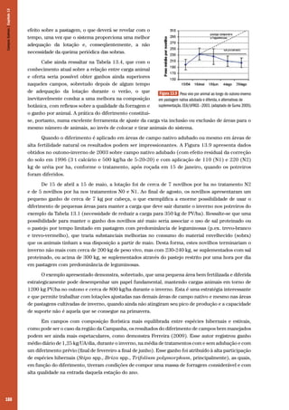 188
efeito sobre a pastagem, o que deverá se revelar com o
tempo, uma vez que o sistema proporciona uma melhor
adequação da lotação e, conseqüentemente, a não
necessidade da queima periódica das sobras.
Cabe ainda ressaltar na Tabela 13.4, que com o
conhecimento atual sobre a relação entre carga animal
e oferta seria possível obter ganhos ainda superiores
naqueles campos, sobretudo depois de algum tempo
de adequação da lotação durante o verão, o que
inevitavelmente conduz a uma melhora na composição
botânica, com reflexos sobre a qualidade da forragem e
o ganho por animal. A prática do diferimento constitui-
se, portanto, numa excelente ferramenta de ajuste da carga via inclusão ou exclusão de áreas para o
mesmo número de animais, ao invés de colocar e tirar animais do sistema.
Quando o diferimento é aplicado em áreas de campo nativo adubado ou mesmo em áreas de
alta fertilidade natural os resultados podem ser impressionantes. A Figura 13.9 apresenta dados
obtidos no outono-inverno de 2003 sobre campo nativo adubado (com efeito residual da correção
do solo em 1996 (3 t calcário e 500 kg/ha de 5-20-20) e com aplicação de 110 (N1) e 220 (N2)
kg de uréia por ha, conforme o tratamento, após roçada em 15 de janeiro, quando os potreiros
foram diferidos.
De 15 de abril a 15 de maio, a lotação foi de cerca de 7 novilhos por ha no tratamento N2
e de 5 novilhos por ha nos tratamentos N0 e N1. Ao final de agosto, os novilhos apresentaram um
pequeno ganho de cerca de 7 kg por cabeça, o que exemplifica a enorme possibilidade de usar o
diferimento de pequenas áreas para manter a carga que deve sair durante o inverno nos potreiros do
exemplo da Tabela 13.1 (necessidade de reduzir a carga para 350 kg de PV/ha). Ressalte-se que uma
possibilidade para manter o ganho dos novilhos até maio seria associar o uso de sal proteinado ou
o pastejo por tempo limitado em pastagem com predominância de leguminosas (p.ex. trevo-branco
e trevo-vermelho), que traria substanciais melhorias no consumo do material envelhecido (sobra)
que os animais tinham a sua disposição a partir de maio. Desta forma, estes novilhos terminariam o
inverno não mais com cerca de 200 kg de peso vivo, mas com 230-240 kg, se suplementados com sal
proteinado, ou acima de 300 kg, se suplementados através do pastejo restrito por uma hora por dia
em pastagem com predominância de leguminosas.
O exemplo apresentado demonstra, sobretudo, que uma pequena área bem fertilizada e diferida
estrategicamente pode desempenhar um papel fundamental, mantendo cargas animais em torno de
1200 kg PV/ha no outono e cerca de 800 kg/ha durante o inverno. Esta é uma estratégia interessante
e que permite trabalhar com lotações ajustadas nas demais áreas de campo nativo e mesmo nas áreas
de pastagens cultivadas de inverno, quando ainda não atingiram seu pico de produção e a capacidade
de suporte não é aquela que se consegue na primavera.
Em campos com composição florística mais equilibrada entre espécies hibernais e estivais,
como pode ser o caso da região da Campanha, os resultados do diferimento de campos bem manejados
podem ser ainda mais espetaculares, como demonstra Ferreira (2009). Esse autor registrou ganho
médio diário de 1,25 kg/UA/dia, durante o inverno, na média de tratamentos com e sem adubação e com
um diferimento prévio (final de fevereiro a final de junho). Esse ganho foi atribuído à alta participação
de espécies hibernais (Stipa spp., Briza spp., Trifolium polymorphum, principalmente), as quais,
em função do diferimento, tiveram condições de compor uma massa de forragem considerável e com
alta qualidade na entrada daquela estação do ano.
Figura 13.9 Peso vivo por animal ao longo do outono-inverno
em pastagem nativa adubada e diferida, e alternativas de
suplementação. EEA/UFRGS –2003. (adaptado de Guma 2005).
CamposSulinos|Capítulo13
 