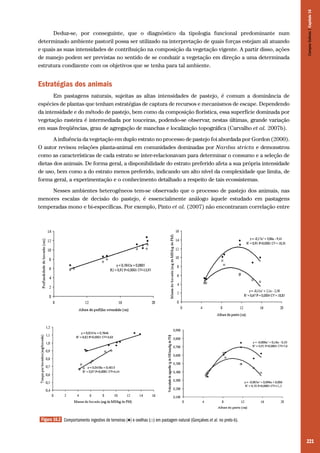 221
Deduz-se, por conseguinte, que o diagnóstico da tipologia funcional predominante num
determinado ambiente pastoril possa ser utilizado na interpretação de quais forças estejam ali atuando
e quais as suas intensidades de contribuição na composição da vegetação vigente. A partir disso, ações
de manejo podem ser previstas no sentido de se conduzir a vegetação em direção a uma determinada
estrutura condizente com os objetivos que se tenha para tal ambiente.
Estratégias dos animais
Em pastagens naturais, sujeitas as altas intensidades de pastejo, é comum a dominância de
espécies de plantas que tenham estratégias de captura de recursos e mecanismos de escape. Dependendo
da intensidade e do método de pastejo, bem como da composição florística, essa superfície dominada por
vegetação rasteira é intermediada por touceiras, podendo-se observar, nestas últimas, grande variação
em suas freqüências, grau de agregação de manchas e localização topográfica (Carvalho et al. 2007b).
A influência da vegetação em duplo estrato no processo de pastejo foi abordada por Gordon (2000).
O autor revisou relações planta-animal em comunidades dominadas por Nardus stricta e demonstrou
como as características de cada estrato se inter-relacionavam para determinar o consumo e a seleção de
dietas dos animais. De forma geral, a disponibilidade do estrato preferido afeta a sua própria intensidade
de uso, bem como a do estrato menos preferido, indicando um alto nível da complexidade que limita, de
forma geral, a experimentação e o conhecimento detalhado a respeito de tais ecossistemas.
Nesses ambientes heterogêneos tem-se observado que o processo de pastejo dos animais, nas
menores escalas de decisão do pastejo, é essencialmente análogo àquele estudado em pastagens
temperadas mono e bi-específicas. Por exemplo, Pinto et al. (2007) não encontraram correlação entre
Figura 16.2 Comportamento ingestivo de terneiras (♦) e ovelhas (□) em pastagem natural (Gonçalves et al. no prelo-b).
CamposSulinos|Capítulo16
 