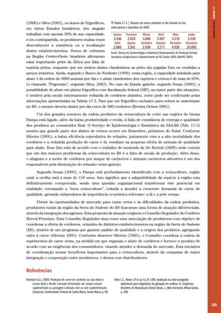 235
(2000) e Silva (2002), os donos de frigoríficos,
em vários Estados brasileiros, têm alegado
trabalhar com apenas 30% de sua capacidade,
e em contrapartida, os produtores muitas vezes
desconhecem a existência ou a localização
destes estabelecimentos. Donos de curtumes
na Região Centro-Oeste brasileira afirmaram
estar importando peles da África por falta de
matéria prima, enquanto que em muitos abates clandestinos as peles são jogadas fora ou vendidas a
preços irrisórios. Ainda, segundo o Banco do Nordeste (1999), nesta região, a capacidade instalada para
abate é da ordem de 3000 animais por dia e o abate clandestino dos caprinos e ovinos é de mais de 95%,
(o chamado “Frigomato”, segundo Silva, 2002). No caso do Estado gaúcho, segundo Souza (2003), a
possibilidade de abate em planta frigorífica com fiscalização federal (SIF), na maior parte das situações,
é inviável pela escala extremamente reduzida de cordeiros abatidos, como pode ser confirmado pelas
informações apresentadas na Tabela 17.3. Para que um frigorífico exclusivo para ovinos se sustentasse
no RS, o mesmo deveria abater por dia cerca de 300 cordeiros (Revista Ovinos 2005).
Um dos grandes entraves da cadeia produtiva da ovinocultura de corte nas regiões do bioma
Pampa está ligado, além da baixa produtividade e renda, à falta de constância de entrega e qualidade
dos produtos ao consumidor final. O Serviço de Epidemiologia e Estatística da SAA-RS (Tab. 17.3)
mostra que grande parte dos abates de ovinos ocorre em Dezembro, próximos do Natal. Conforme
Silveira (2005), a baixa eficiência reprodutiva do rebanho, juntamente com a a alta mortalidade dos
cordeiros e a reduzida produção de carne e lã, resultam na pequena oferta de animais de qualidade
para abate. Esse fato está de acordo com o trabalho de mestrado de De Bortoli (2008) onde conclui
que um dos maiores problemas da ovinocultura no RS é a falta de escala de produção. Além disso,
o abigeato e a morte de cordeiros por ataque de cachorros e animais carnívoros silvestres é um dos
responsáveis pela diminuição do rebanho ovino gaúcho.
Segundo Souza (2003), o Pampa está profundamente identificado com a ovinocultura, região
onde a ovelha está a mais de 150 anos. Isso significa que a adaptabilidade da espécie à região esta
definitivamente comprovada, sendo uma questão organizacional transformar este potencial em
realidade, retomando a “nova ovinocultura”, voltada a atender a crescente demanda de carne de
qualidade, gerando subprodutos de importância econômica relevante: a lã e a pele ovinas.
Frente às oportunidades de mercado para carne ovina e às dificuldades da cadeia produtiva,
produtores rurais da região da Serra do Sudeste do RS buscaram uma forma de atuação diferenciada,
através da integração dos agentes. Esta proposta de atuação originou o Conselho Regulador do Cordeiro
Herval Premium. Esse Conselho Regulador atua como uma associação de produtores com objetivo de
coordenar a oferta de cordeiros, oriundos de distintos estabelecimentos na região da Serra do Sudeste
(RS), através de um programa que garante padrão de qualidade e a origem dos produtos, agregando
valor à carne (Silveira 2005). Conforme descreve Silveira (2005), o Conselho coordena a cadeia de
suprimentos de carne ovina, na medida em que organiza o abate de cordeiros e fornece o produto de
acordo com as exigências dos consumidores, visando atender a demanda do mercado. Esta iniciativa
de coordenação trouxe benefícios importantes para a ovinocultura, através da conquista de maior
integração e cooperação entre produtores, e destes com distribuidores.
Referências
Tabela 17.3 | Número de ovinos abatidos no Rio Grande do Sul,
entre janeiro e dezembro de 2005.
Janeiro Fevereiro Março Abril Maio Junho
2.436 2.024 3.848 2.697 3.578 2.528
Julho Agosto Setembro Outubro Novembro Dezembro
2.666 3.501 2.936 3.277 4.026 20.600
Fonte: Serviço de Epidemiologia e Estatística/Departamento de Produção Animal/
Secretaria da Agricultura e Abastecimento do RS, Dados 2005 (SAA-RS 2005).
Almeida H.S.L. 2004. Produção de carne de cordeiros da raça Ideal e
cruzas Ideal x Border Leicester terminados em campo natural
suplementado ou pastagem cultivada com ou sem suplementação.
Zootecnia, Universidade Federal de Santa Maria, Santa Maria, p. 90.
Alves L.C.,Neves J.P.& Luz S.L.N.1991.Avaliação da ultra-sonografia
abdominal para diagnóstico de gestação em ovelhas.In: Congresso
Brasileiro de Reprodução Animal (Anais...).Belo Horizonte,Minas Gerais,
p.398.
CamposSulinos|Capítulo17
 