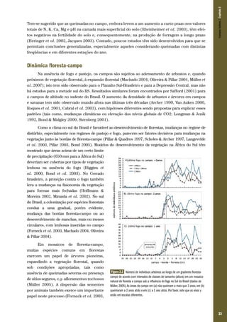 33
Tem-se sugerido que as queimadas no campo, embora levem a um aumento a curto prazo nos valores
totais de N, K, Ca, Mg e pH na camada mais superficial do solo (Rheinheimer et al. 2003), têm efei-
tos negativos na fertilidade do solo e, consequentemente, na produção de forragem a longo prazo
(Heringer et al. 2002, Jacques 2003). Contudo, poucos estudos têm sido desenvolvidos para que se
permitam conclusões generalizadas, especialmente aqueles considerando queimadas com distintas
freqüências e em diferentes estações do ano.
Dinâmica floresta-campo
Na ausência de fogo e pastejo, os campos são sujeitos ao adensamento de arbustos e, quando
próximos de vegetação florestal, à expansão florestal (Machado 2004, Oliveira & Pillar 2004, Müller et
al. 2007); isto tem sido observado para o Planalto Sul-Brasileiro e para a Depressão Central, mas não
há estudos para a metade sul do RS. Resultados similares foram encontrados por Safford (2001) para
o campos de altitude no sudeste do Brasil. O aumento da densidade de arbustos e árvores em campos
e savanas tem sido observado mundo afora nas últimas três décadas (Archer 1990, Van Auken 2000,
Roques et al. 2001, Cabral et al. 2003), com hipóteses diferentes sendo propostas para explicar esses
padrões (tais como, mudanças climáticas ou elevação dos níveis globais de CO2; Longman & Jeník
1992, Bond & Midgley 2000, Sternberg 2001).
Como o clima no sul do Brasil é favorável ao desenvolvimento de florestas, mudanças no regime de
distúrbio, especialmente nos regimes de pastejo e fogo, parecem ser fatores decisivos para mudanças na
vegetação junto às bordas de floresta-campo (Pillar & Quadros 1997, Scholes & Archer 1997, Langevelde
et al. 2003, Pillar 2003, Bond 2005). Modelos do desenvolvimento da vegetação na África do Sul têm
mostrado que áreas acima de um certo limite
de precipitação (650 mm para a África do Sul)
deveriam ser cobertas por tipos de vegetação
lenhosa na ausência do fogo (Higgins et
al. 2000, Bond et al. 2003). No Cerrado
brasileiro, a proteção contra o fogo também
leva a mudanças na fisionomia da vegetação
para formas mais fechadas (Hoffmann &
Moreira 2002, Miranda et al. 2002). No sul
do Brasil, a colonização por espécies florestais
conduz a uma gradual, porém evidente,
mudança das bordas floresta-campo ou ao
desenvolvimento de manchas, mais ou menos
circulares, com lenhosas inseridas no campo
(Forneck et al. 2003, Machado 2004, Oliveira
& Pillar 2004).
Em mosaicos de floresta-campo,
muitas espécies comuns em florestas
exercem um papel de árvores pioneiras,
expandindo a vegetação florestal, quando
sob condições apropriadas, tais como
ausência de queimadas severas ou presença
de sítios seguros, e.g. afloramentos rochosos
(Müller 2005). A dispersão das sementes
por animais também exerce um importante
papel neste processo (Forneck et al. 2003,
Figura 2.2 Número de indivíduos arbóreos ao longo de um gradiente floresta-
campo de acordo com intervalos de classes de tamanho (altura) em um mosaico
natural de floresta e campo sob a influência do fogo no Sul do Brasil (dados de
Müller, 2005).As áreas de campo em (a) não queimam a mais que 3 anos, em (b)
queimaram a 2 anos atrás e em (c) a 1 ano atrás. Por favor, note que os eixos y
estão em escalas diferentes.
CamposSulinos|Capítulo2
 