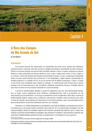 63
Capítulo 4
A flora dos Campos
do Rio Grande do Sul
Ilsi Iob Boldrini1
Introdução
Os recursos naturais são importantes na manutenção dos seres vivos, através dos alimentos,
matérias primas e minerais, além dos serviços ecológicos prestados à manutenção da vida no planeta.
Dentre os recursos naturais renováveis estão incluídos a fauna e a flora, os quais constituem os fatores
bióticos, e estão associados aos fatores abióticos como o solo e a água entre outros. O solo, a água, o
ar, a fauna e a flora são diretamente afetados pela atividade humana, ou seja, a exploração inadequada
destes recursos pode torná-los não renováveis. O solo degradado, a água quando contaminada por
resíduos químicos e a emissão de CO2
no ar em excesso são de difícil recuperação. A flora e a fauna
se não forem bem manejadas estão sujeitas à extinção. O conhecimento pelo homem dos recursos
naturais e do seu funcionamento é que vai definir a utilização racional dos mesmos. O desafio está em
usar estes recursos de uma maneira sustentável e conservacionista.
A perda de biodiversidade significa a perda de organismos que tem uma determinada função,
sem os quais, outros organismos serão afetados, conseqüentemente todo o ecossistema de um
determinado local será alterado e os serviços ecossistêmicos serão modificados. Além disso, a perda da
biodiversidade implica, muitas vezes, na falta de conhecimento científico sobre as espécies que estão
em fase de extinção, que poderiam ser importantes em um futuro próximo, quer como princípios ativos
para medicamentos ou para fins industriais diversos, por exemplo.
Hoekstra et al. (2005) analisando em nível global a conversão de hábitats e a proteção dos mesmos,
concluíram que a conversão excede a proteção numa razão de 10:1 na maioria das ecorregiões com alta
riqueza biológica. Diante do resultado, sugerem não somente a proteção das espécies, que é o usual, mas
também a proteção da diversidade de paisagens, das interações ecológicas e das pressões evolutivas que
sustentam a biodiversidade, gerando serviços ecossistêmicos e a formação de novas espécies.
Foto de abertura: Santana do Livramento, RS.Acervo Labgeo/Centro de Ecologia da UFRGS.
1 Departamento de Botânica, Instituto de Biociências, Universidade Federal do Rio Grande do Sul.Av. Bento Gonçalves 9500, Prédio 43432, 91501-970,
Porto Alegre, RS. E-mail: ilsi.boldrini@ufrgs.br
CamposSulinos|Capítulo4
 