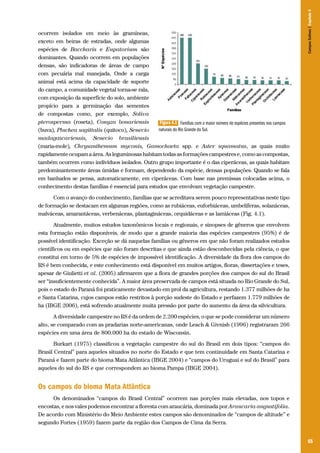65
ocorrem isolados em meio às gramíneas,
exceto em beiras de estradas, onde algumas
espécies de Baccharis e Eupatorium são
dominantes. Quando ocorrem em populações
densas, são indicadoras de áreas de campo
com pecuária mal manejada. Onde a carga
animal está acima da capacidade de suporte
do campo, a comunidade vegetal torna-se rala,
com exposição da superfície do solo, ambiente
propício para a germinação das sementes
de compostas como, por exemplo, Soliva
pterosperma (roseta), Conyza bonariensis
(buva), Pluchea sagittalis (quitoco), Senecio
madagascariensis, Senecio brasiliensis
(maria-mole), Chrysanthemum myconis, Gamochaeta spp. e Aster squamatus, as quais muito
rapidamente ocupam a área. As leguminosas habitam todas as formações campestres e, como as compostas,
também ocorrem como indivíduos isolados. Outro grupo importante é o das ciperáceas, as quais habitam
predominantemente áreas úmidas e formam, dependendo da espécie, densas populações. Quando se fala
em banhados se pensa, automaticamente, em ciperáceas. Com base nas premissas colocadas acima, o
conhecimento destas famílias é essencial para estudos que envolvam vegetação campestre.
Com o avanço do conhecimento, famílias que se acreditava serem pouco representativas neste tipo
de formação se destacam em algumas regiões, como as rubiáceas, euforbiáceas, umbelíferas, solanáceas,
malváceas, amarantáceas, verbenáceas, plantagináceas, orquidáceas e as lamiáceas (Fig. 4.1).
Atualmente, muitos estudos taxonômicos locais e regionais, e sinopses de gêneros que envolvem
esta formação estão disponíveis, de modo que a grande maioria das espécies campestres (95%) é de
possível identificação. Exceção se dá naquelas famílias ou gêneros em que não foram realizados estudos
científicos ou em espécies que não foram descritas e que ainda estão desconhecidas pela ciência, o que
constitui em torno de 5% de espécies de impossível identificação. A diversidade da flora dos campos do
RS é bem conhecida, e este conhecimento está disponível em muitos artigos, floras, dissertações e teses,
apesar de Giulietti et al. (2005) afirmarem que a flora de grandes porções dos campos do sul do Brasil
ser “insuficientemente conhecida”. A maior área preservada de campos está situada no Rio Grande do Sul,
pois o estado do Paraná foi praticamente devastado em prol da agricultura, restando 1.377 milhões de ha
e Santa Catarina, cujos campos estão restritos à porção sudeste do Estado e perfazem 1.779 milhões de
ha (IBGE 2006), está sofrendo atualmente muita pressão por parte do aumento da área da silvicultura.
A diversidade campestre no RS é da ordem de 2.200 espécies, o que se pode considerar um número
alto, se comparado com as pradarias norte-americanas, onde Leach & Givnish (1996) registraram 266
espécies em uma área de 800.000 ha do estado de Wisconsin.
Burkart (1975) classificou a vegetação campestre do sul do Brasil em dois tipos: “campos do
Brasil Central” para aqueles situados no norte do Estado e que tem continuidade em Santa Catarina e
Paraná e fazem parte do bioma Mata Atlântica (IBGE 2004) e “campos do Uruguai e sul do Brasil” para
aqueles do sul do RS e que correspondem ao bioma Pampa (IBGE 2004).
Os campos do bioma Mata Atlântica
Os denominados “campos do Brasil Central” ocorrem nas porções mais elevadas, nos topos e
encostas, e nos vales podemos encontrar a floresta com araucária, dominada por Araucaria angustifolia.
De acordo com Ministério do Meio Ambiente estes campos são denominados de “campos de altitude” e
segundo Fortes (1959) fazem parte da região dos Campos de Cima da Serra.
Figura 4.1 Famílias com o maior número de espécies presentes nos campos
naturais do Rio Grande do Sul.
CamposSulinos|Capítulo4
 