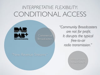 INTERPRETATIVE FLEXIBILITY:
CONDITIONAL ACCESS
Commercial
Broadcasters
“New Revenue Streams”
Independent
Broadcasters
“Com...