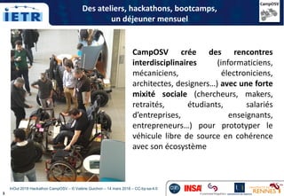 3
CampOSV crée des rencontres
interdisciplinaires (informaticiens,
mécaniciens, électroniciens,
architectes, designers…) avec une forte
mixité sociale (chercheurs, makers,
retraités, étudiants, salariés
d’entreprises, enseignants,
entrepreneurs…) pour prototyper le
véhicule libre de source en cohérence
avec son écosystème
Des ateliers, hackathons, bootcamps,
un déjeuner mensuel
InOut 2018 Hackathon CampOSV – © Valérie Guichon – 14 mars 2018 – CC-by-sa-4.0
 