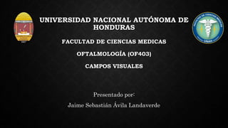 UNIVERSIDAD NACIONAL AUTÓNOMA DE
HONDURAS
FACULTAD DE CIENCIAS MEDICAS
OFTALMOLOGÍA (OF403)
CAMPOS VISUALES
Presentado por:
Jaime Sebastián Ávila Landaverde
 