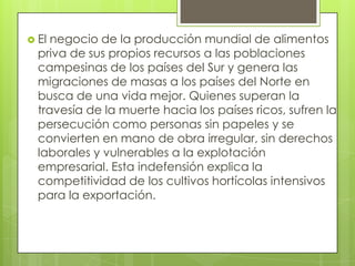 El negocio de la producción mundial de alimentos priva de sus propios recursos a las poblaciones campesinas de los países del Sur y genera las migraciones de masas a los países del Norte en busca de una vida mejor. Quienes superan la travesía de la muerte hacia los países ricos, sufren la persecución como personas sin papeles y se convierten en mano de obra irregular, sin derechos laborales y vulnerables a la explotación empresarial. Esta indefensión explica la competitividad de los cultivos hortícolas intensivos para la exportación. 