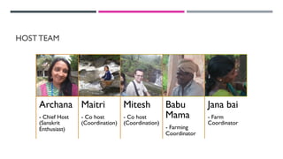 HOST TEAM
Archana
- Chief Host
(Sanskrit
Enthusiast)
Maitri
- Co host
(Coordination)
Mitesh
- Co host
(Coordination)
Babu
Mama
- Farming
Coordinator
Jana bai
- Farm
Coordinator
 