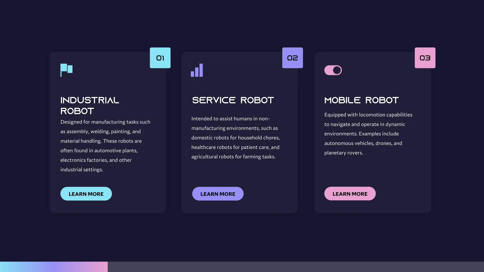 Designed for manufacturing tasks such
as assembly, welding, painting, and
material handling. These robots are
often found in automotive plants,
electronics factories, and other
industrial settings.
LEARN MORE
Intended to assist humans in non-
manufacturing environments, such as
domestic robots for household chores,
healthcare robots for patient care, and
agricultural robots for farming tasks.
LEARN MORE
Equipped with locomotion capabilities
to navigate and operate in dynamic
environments. Examples include
autonomous vehicles, drones, and
planetary rovers.
LEARN MORE
 