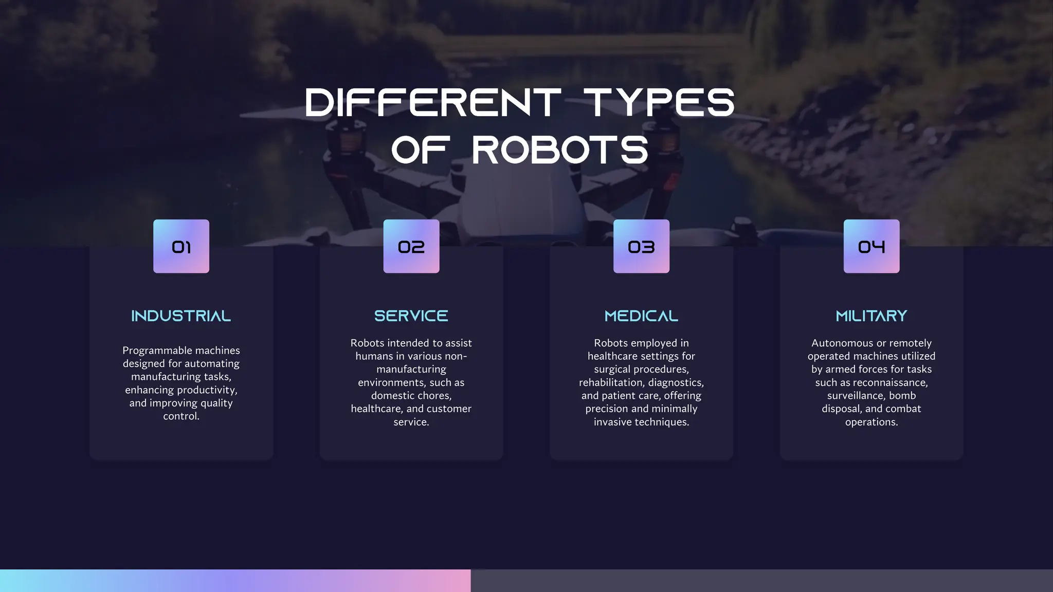 Programmable machines
designed for automating
manufacturing tasks,
enhancing productivity,
and improving quality
control.
Robots intended to assist
humans in various non-
manufacturing
environments, such as
domestic chores,
healthcare, and customer
service.
Robots employed in
healthcare settings for
surgical procedures,
rehabilitation, diagnostics,
and patient care, offering
precision and minimally
invasive techniques.
Autonomous or remotely
operated machines utilized
by armed forces for tasks
such as reconnaissance,
surveillance, bomb
disposal, and combat
operations.
 