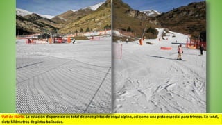 Vall de Núria. La estación dispone de un total de once pistas de esquí alpino, así como una pista especial para trineos. En total,
siete kilómetros de pistas balizadas.
 