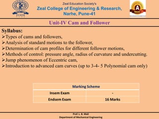 Zeal Education Society's
Zeal College of Engineering & Research,
Narhe, Pune-41
Unit-IV Cam and Follower
Syllabus:
Types of cams and followers,
Analysis of standard motions to the follower,
Determination of cam profiles for different follower motions,
Methods of control: pressure angle, radius of curvature and undercutting.
Jump phenomenon of Eccentric cam,
Introduction to advanced cam curves (up to 3-4- 5 Polynomial cam only)
Marking Scheme
Insem Exam -
Endsem Exam 16 Marks
Prof. L. B. Mali
Department of Mechanical Engineering
 